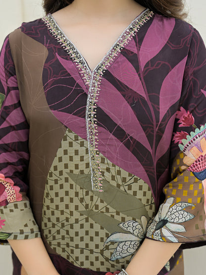 Purple Pure Crepe Digital Print Kurta Pant Set With Dupatta