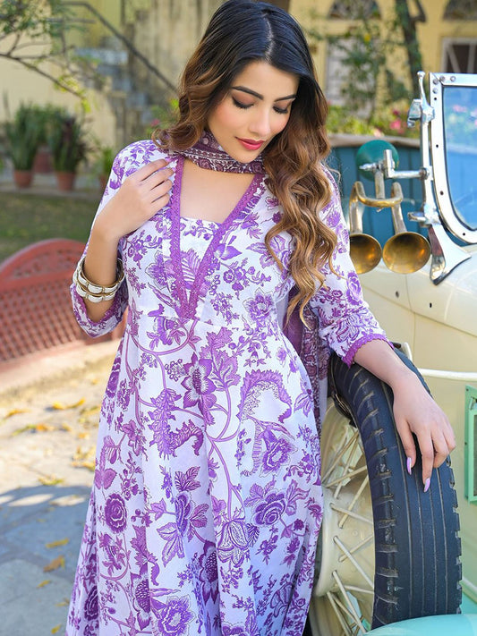 Floral Printed Anarkali Pure Cotton Kurta Pant with Dupatta