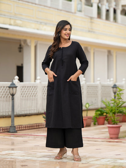 Black Solid Cotton Kurta Palazzo Set