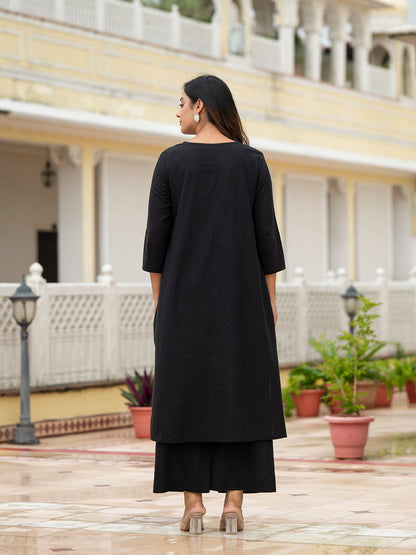 Black Solid Cotton Kurta Palazzo Set