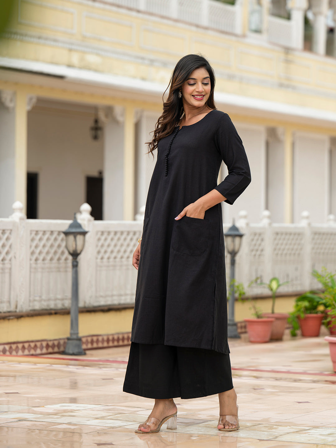 Black Solid Cotton Kurta Palazzo Set