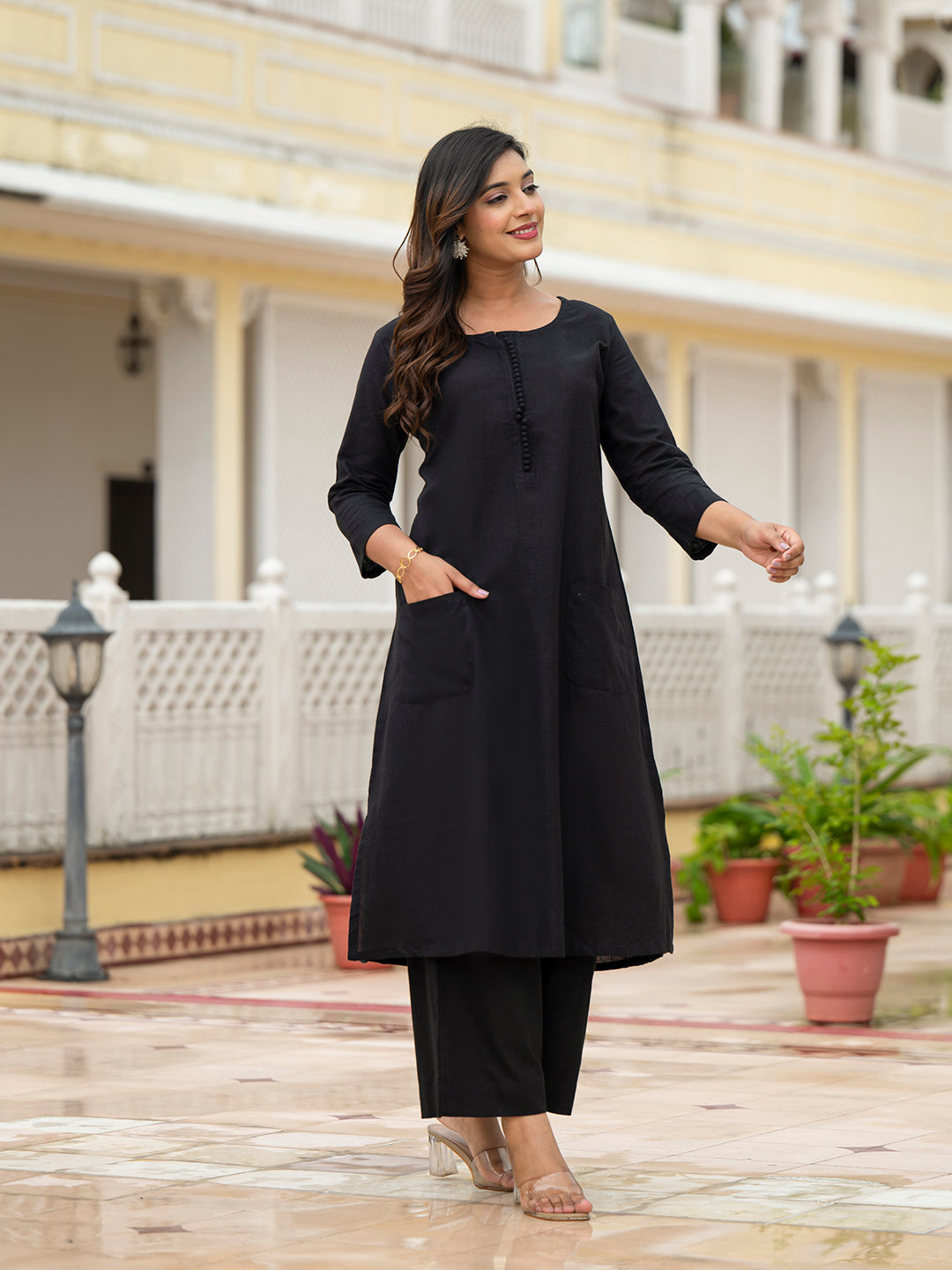 Black Solid Cotton Kurta Palazzo Set