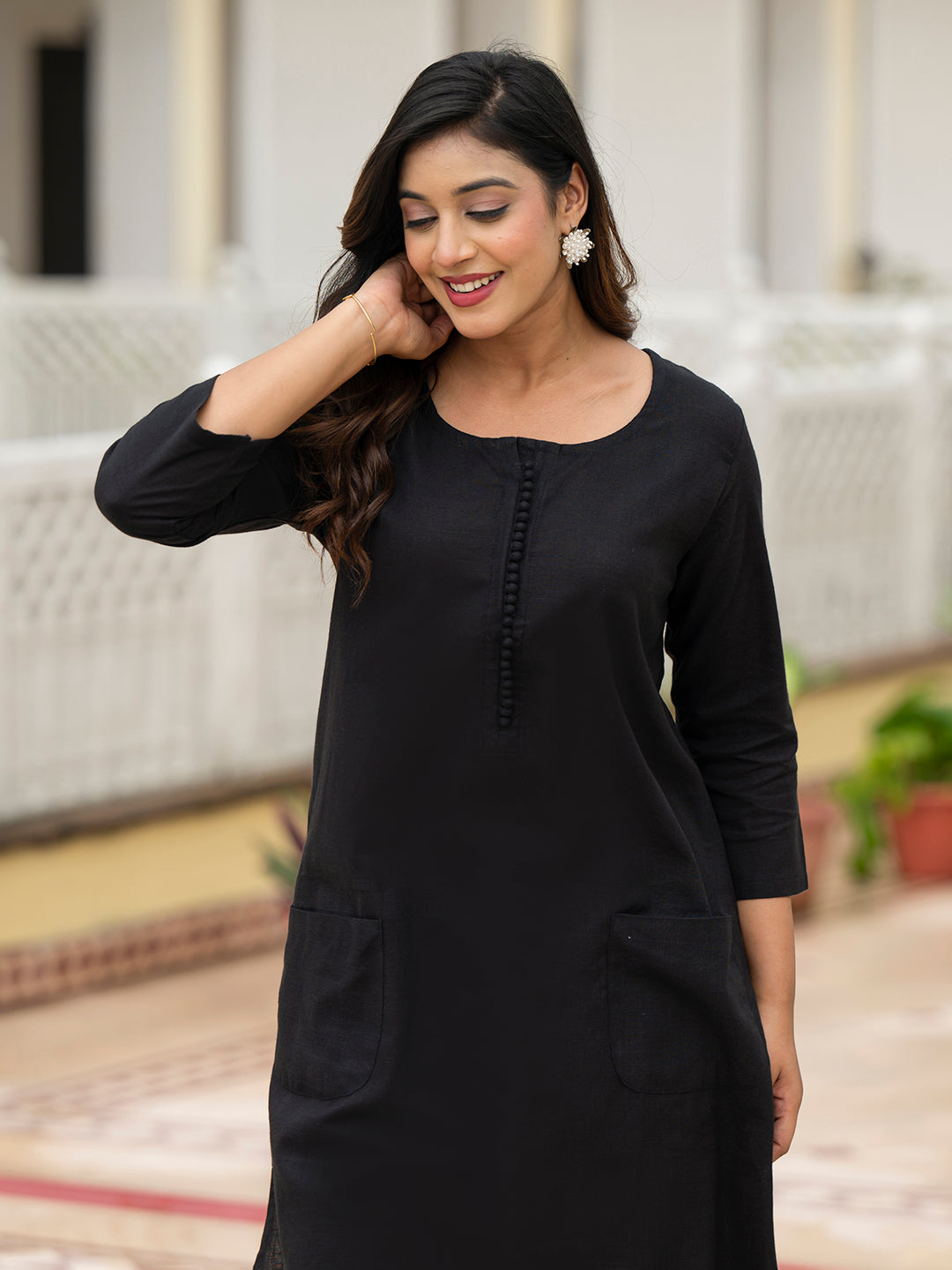 Black Solid Cotton Kurta Palazzo Set