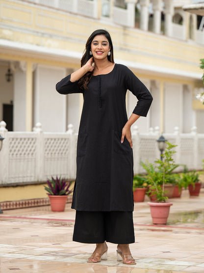 Black Solid Cotton Kurta Palazzo Set