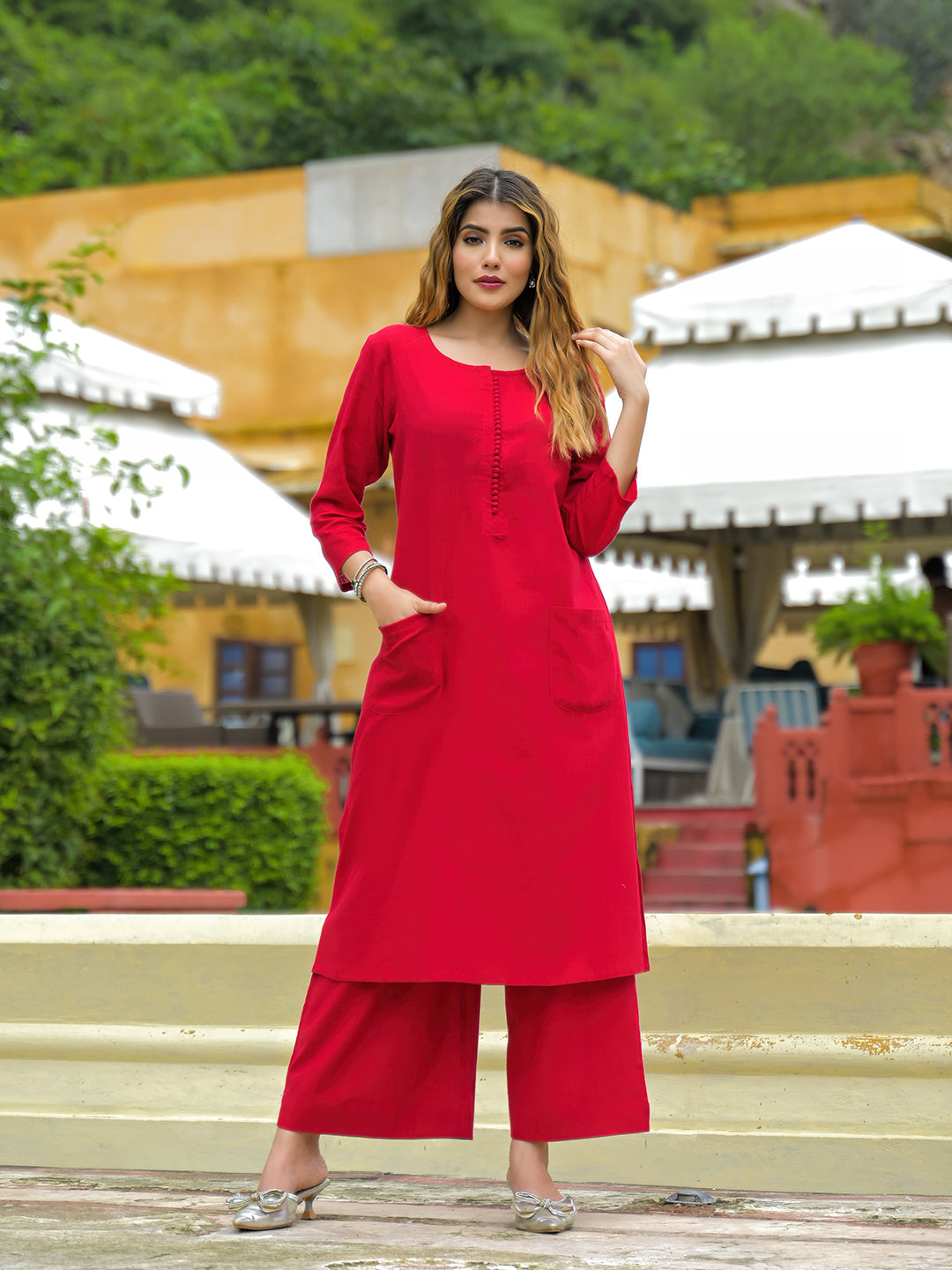 Red Solid Cotton A-line Kurta Palazzo Sets