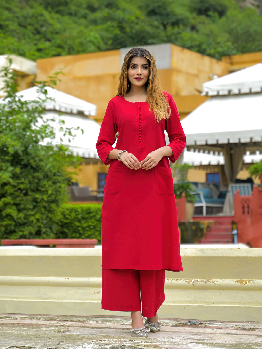Red Solid Cotton A-line Kurta Palazzo Sets