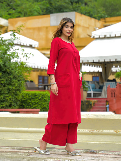 Red Solid Cotton A-line Kurta Palazzo Sets