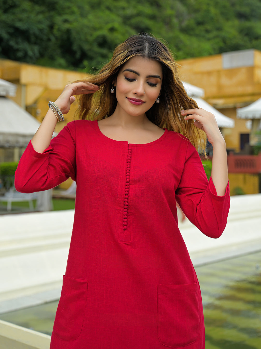 Red Solid Cotton A-line Kurta Palazzo Sets