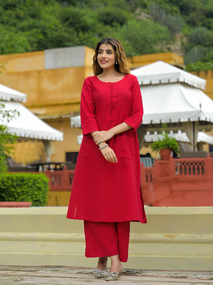 Red Solid Cotton A-line Kurta Palazzo Sets