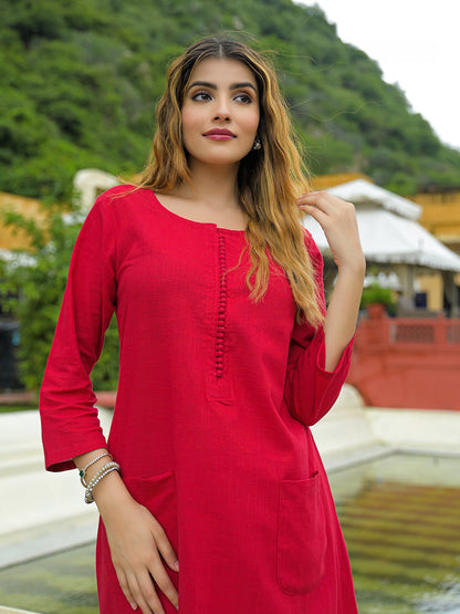 Red Solid Cotton A-line Kurta Palazzo Sets