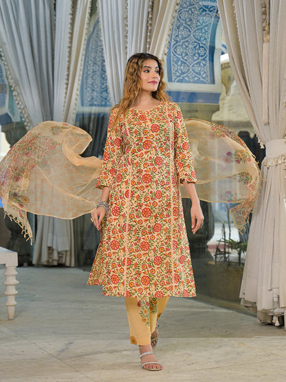 Yellow Hand Block Cotton Straight Kurta Pant With Dupatta