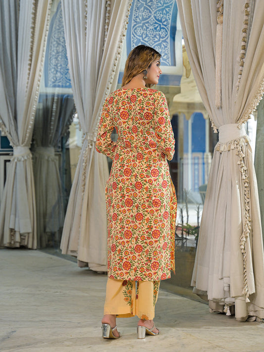 Yellow Hand Block Cotton Straight Kurta Pant With Dupatta