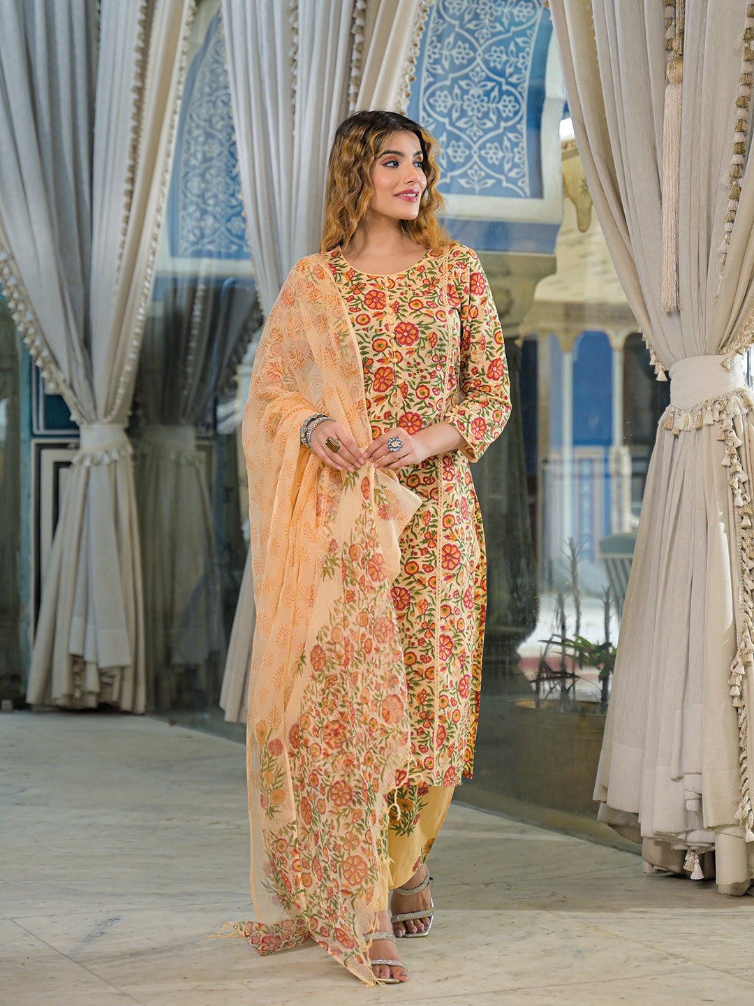 Yellow Hand Block Cotton Straight Kurta Pant With Dupatta