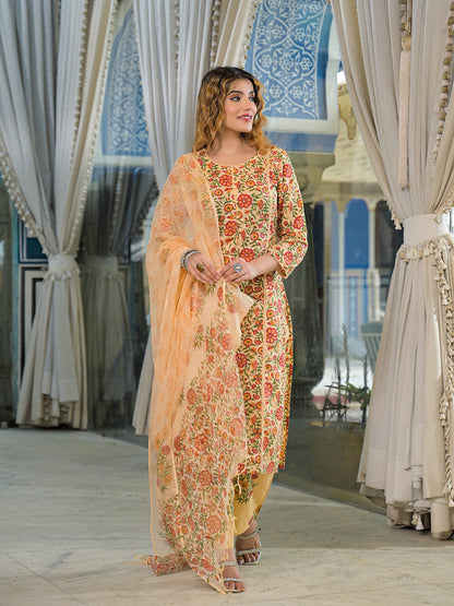 Yellow Hand Block Cotton Straight Kurta Pant With Dupatta
