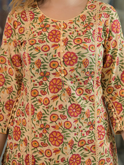 Yellow Hand Block Cotton Straight Kurta Pant With Dupatta