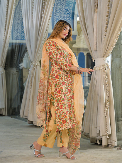 Yellow Hand Block Cotton Straight Kurta Pant With Dupatta