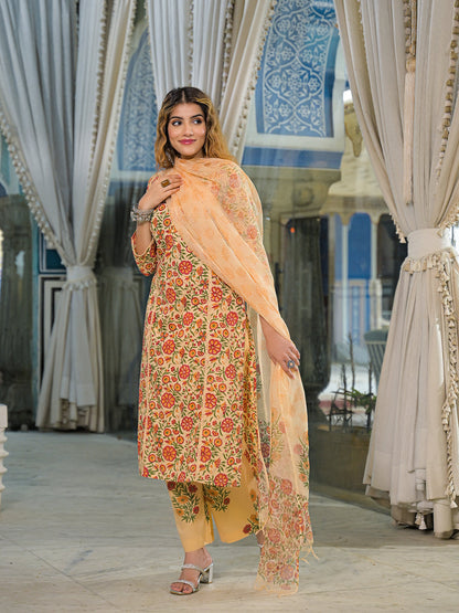 Yellow Hand Block Cotton Straight Kurta Pant With Dupatta