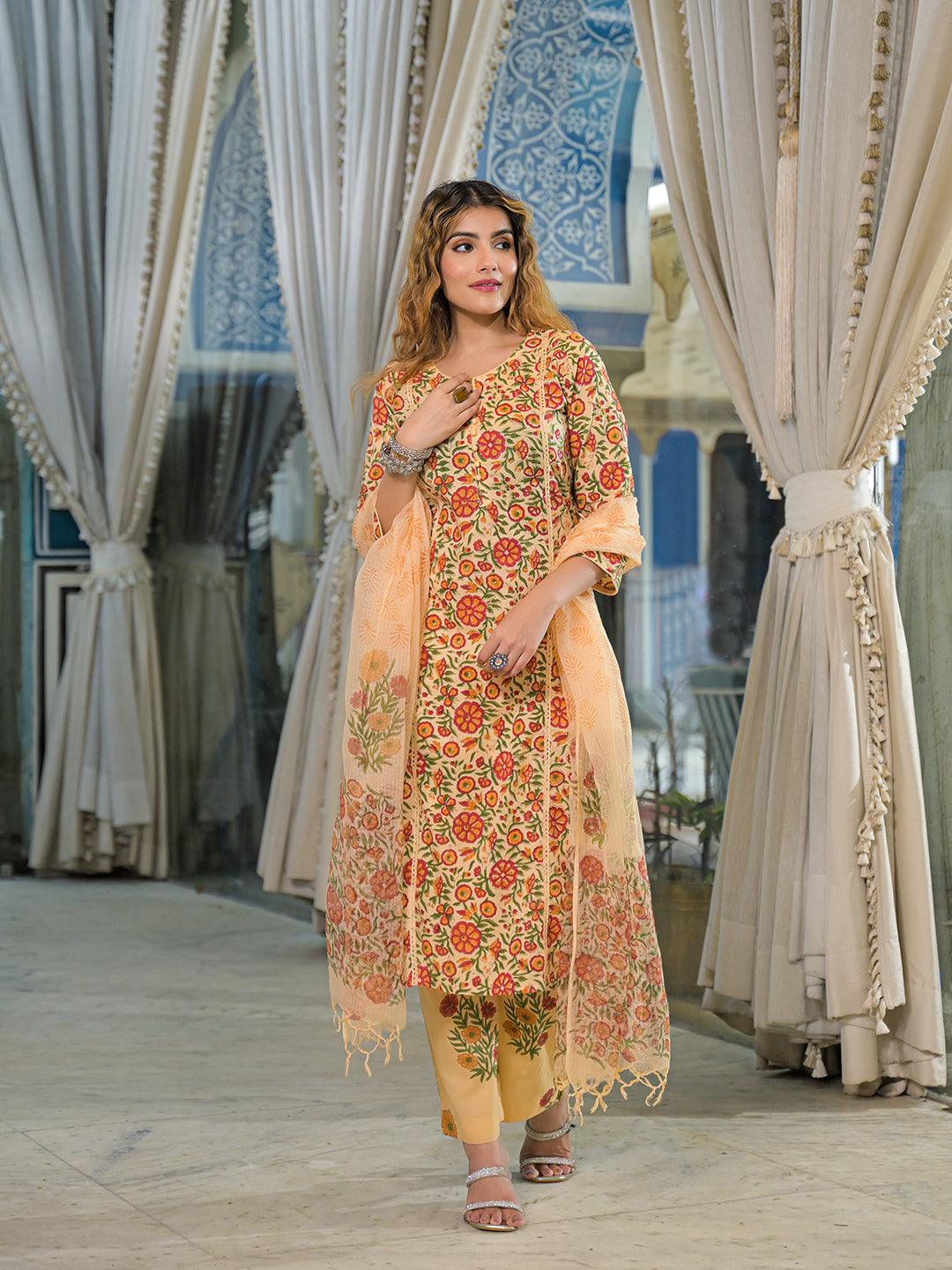 Yellow Hand Block Cotton Straight Kurta Pant With Dupatta