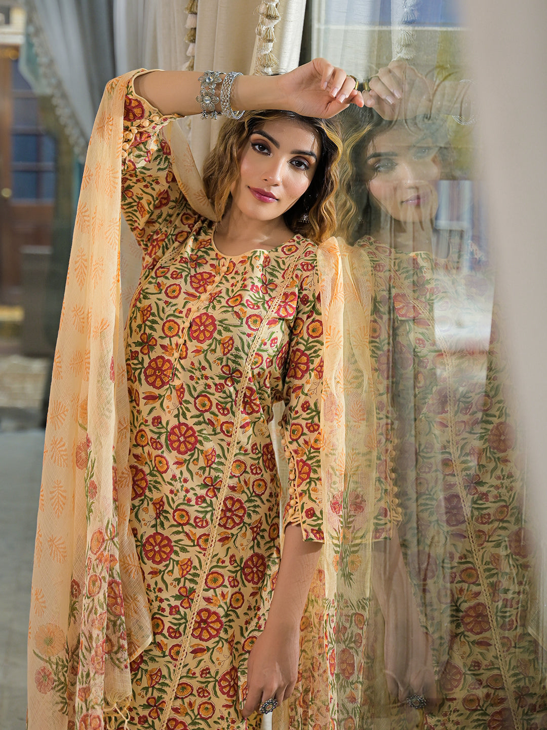 Yellow Hand Block Cotton Straight Kurta Pant With Dupatta