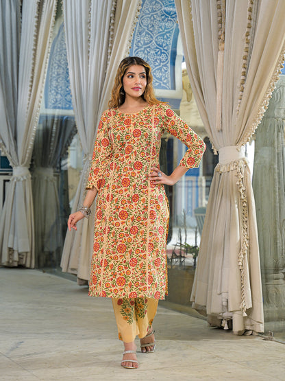 Yellow Hand Block Cotton Straight Kurta Pant With Dupatta
