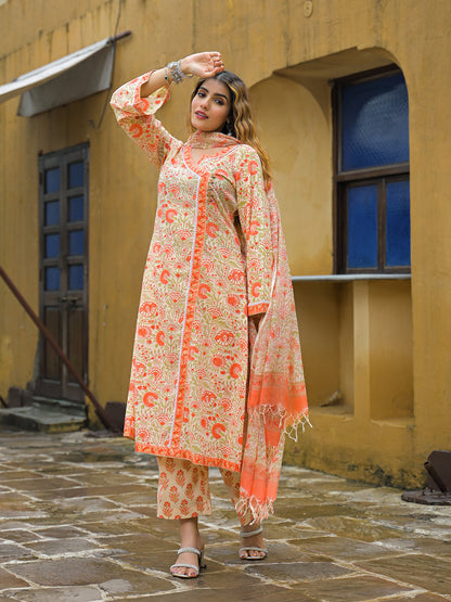 Orange Straight Floral Print Hand Block Cotton Kurta Sets With Dupatta