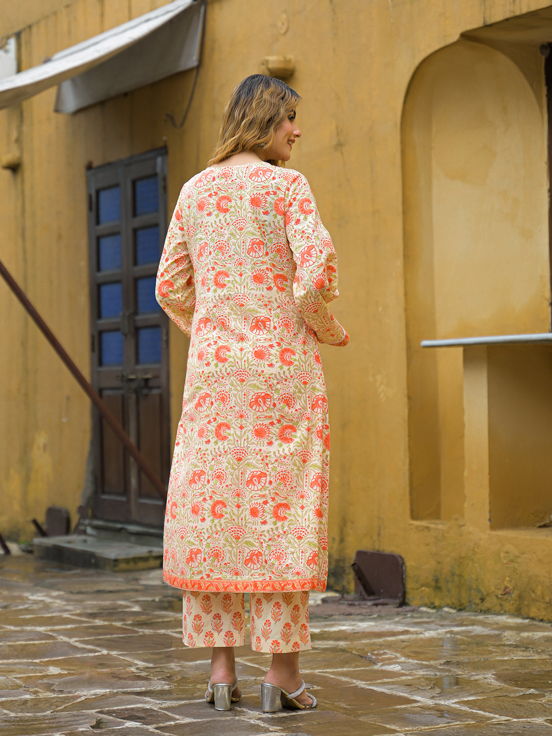 Orange Straight Floral Print Hand Block Cotton Kurta Sets With Dupatta