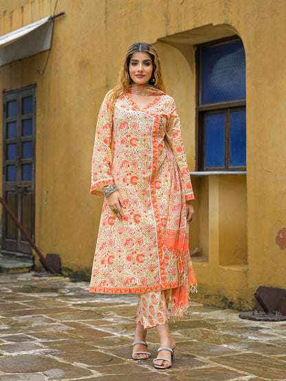 Orange Straight Floral Print Hand Block Cotton Kurta Sets With Dupatta