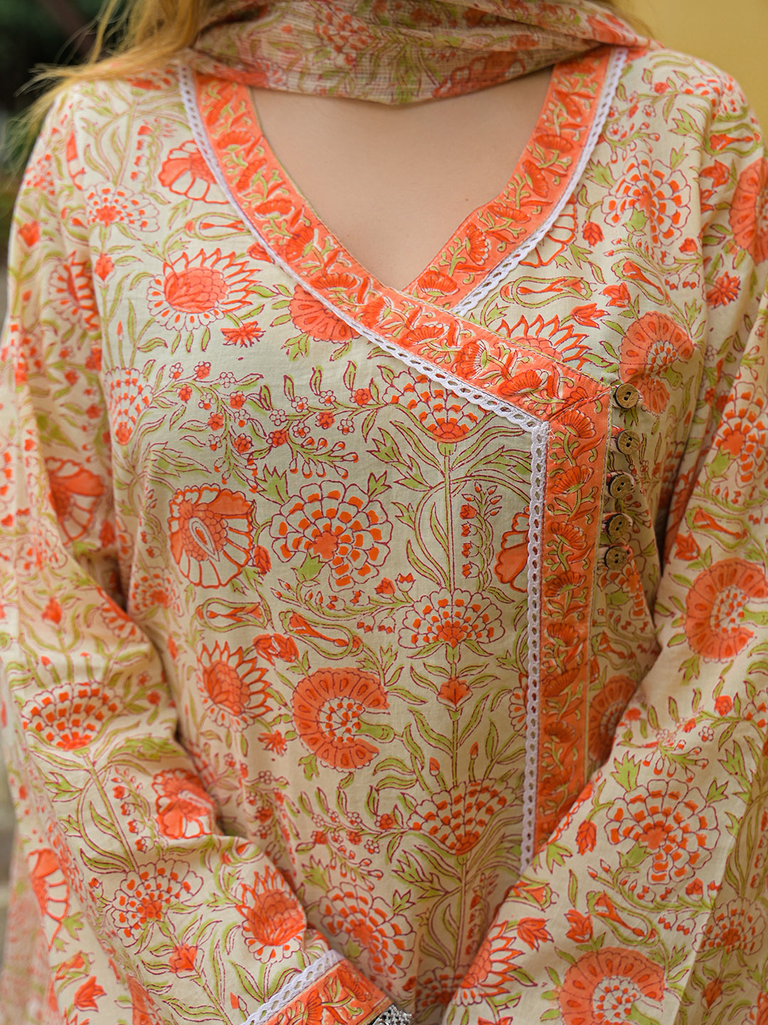 Orange Straight Floral Print Hand Block Cotton Kurta Sets With Dupatta