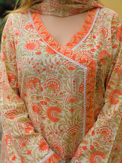 Orange Straight Floral Print Hand Block Cotton Kurta Sets With Dupatta