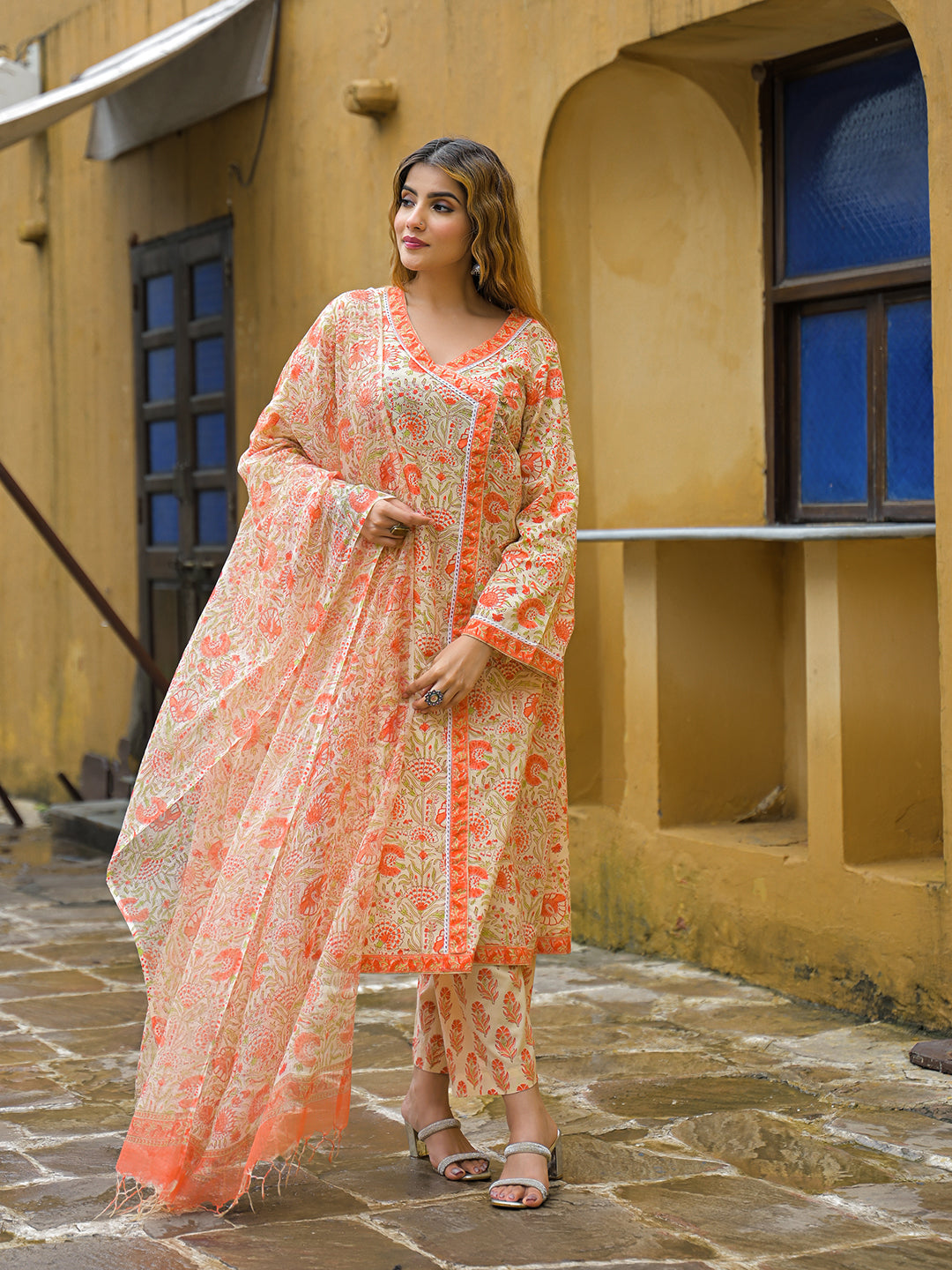 Orange Straight Floral Print Hand Block Cotton Kurta Sets With Dupatta