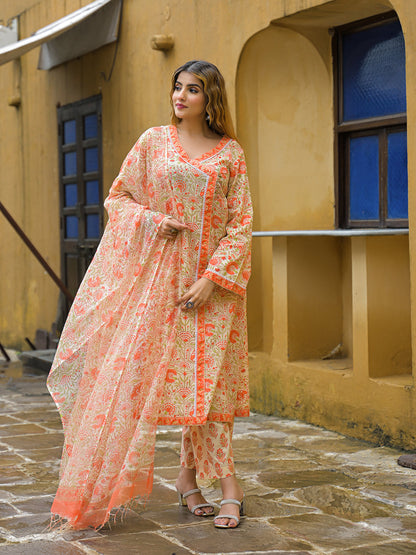 Orange Straight Floral Print Hand Block Cotton Kurta Sets With Dupatta