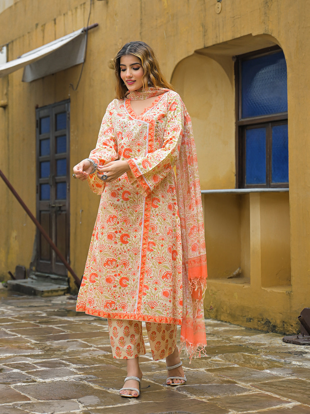 Orange Straight Floral Print Hand Block Cotton Kurta Sets With Dupatta