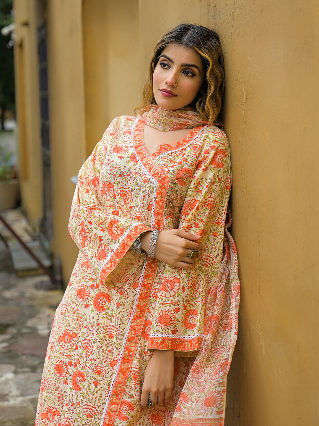 Orange Straight Floral Print Hand Block Cotton Kurta Sets With Dupatta