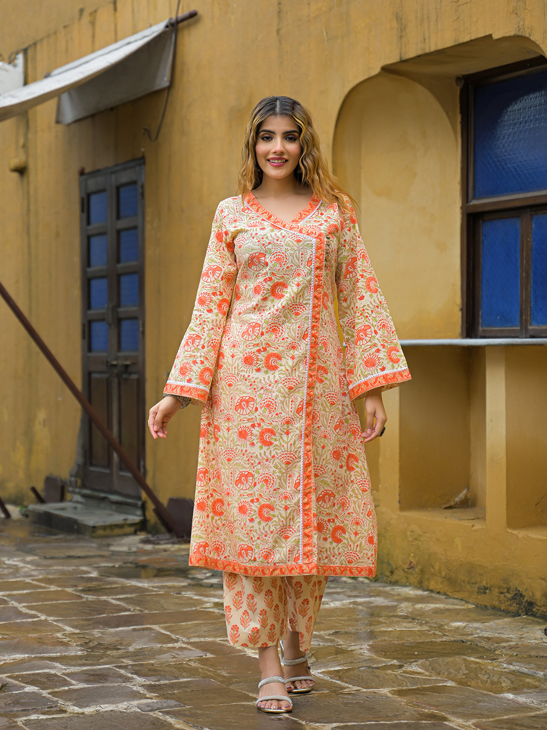 Orange Straight Floral Print Hand Block Cotton Kurta Sets With Dupatta