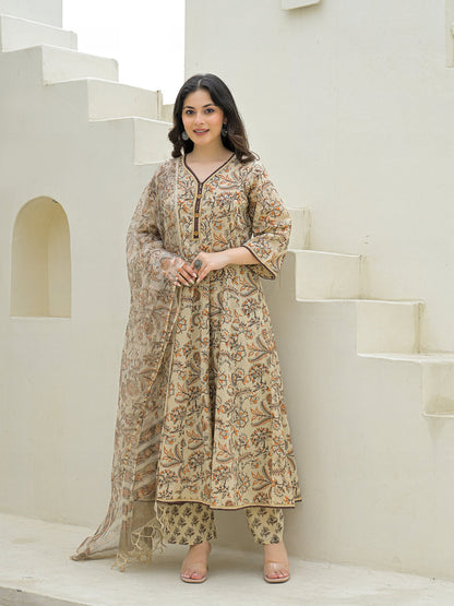 Beige Cotton Hand Block Anarkali Kurta Pant Sets With Dupatta