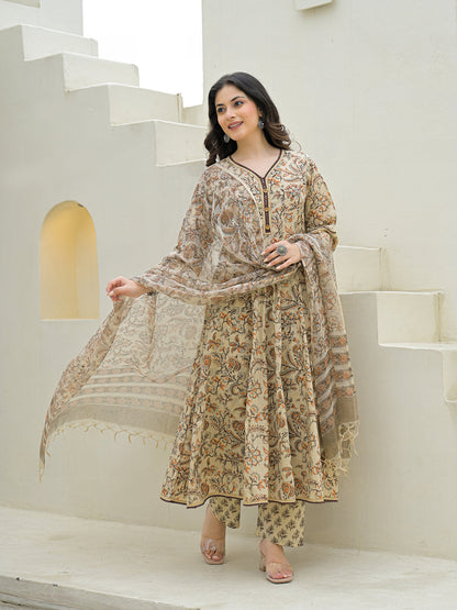 Beige Cotton Hand Block Anarkali Kurta Pant Sets With Dupatta