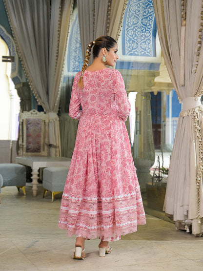 Pink Hand Block Cotton Anarkali Kurta Pant Set With Dupatta