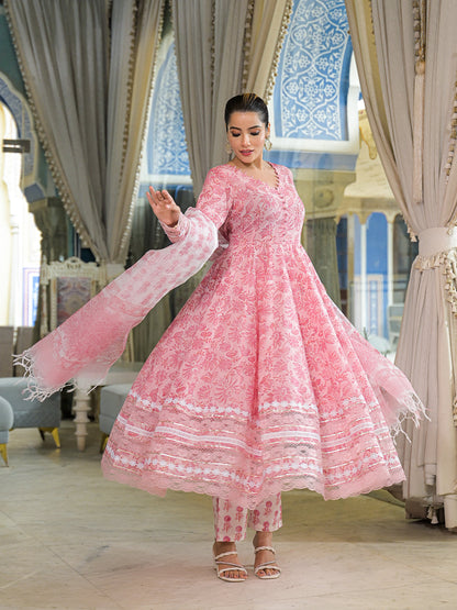 Pink Hand Block Cotton Anarkali Kurta Pant Set With Dupatta