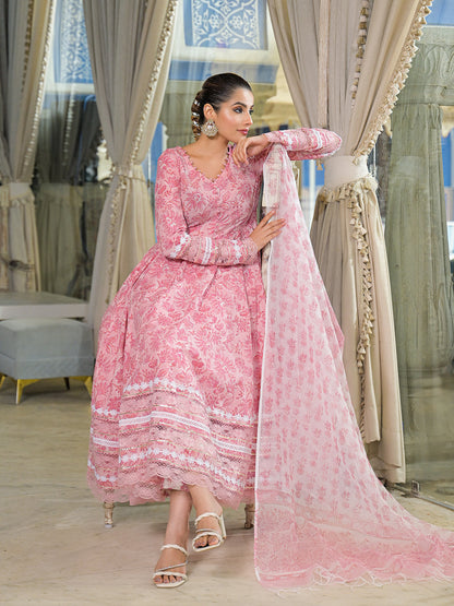 Pink Hand Block Cotton Anarkali Kurta Pant Set With Dupatta
