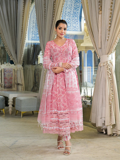 Pink Hand Block Cotton Anarkali Kurta Pant Set With Dupatta