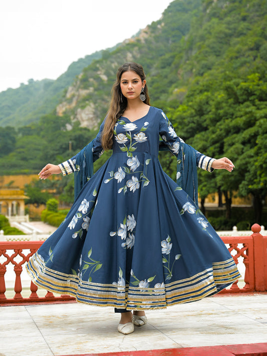 Blue Hand Painted Cotton Anarkali Kurta Pant With Dupatta