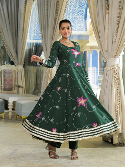 Dark Green Hand Painted Cotton Anarkali Kurta Pant With Dupatta