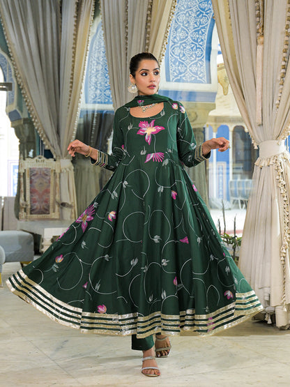 Dark Green Hand Painted Cotton Anarkali Kurta Pant With Dupatta