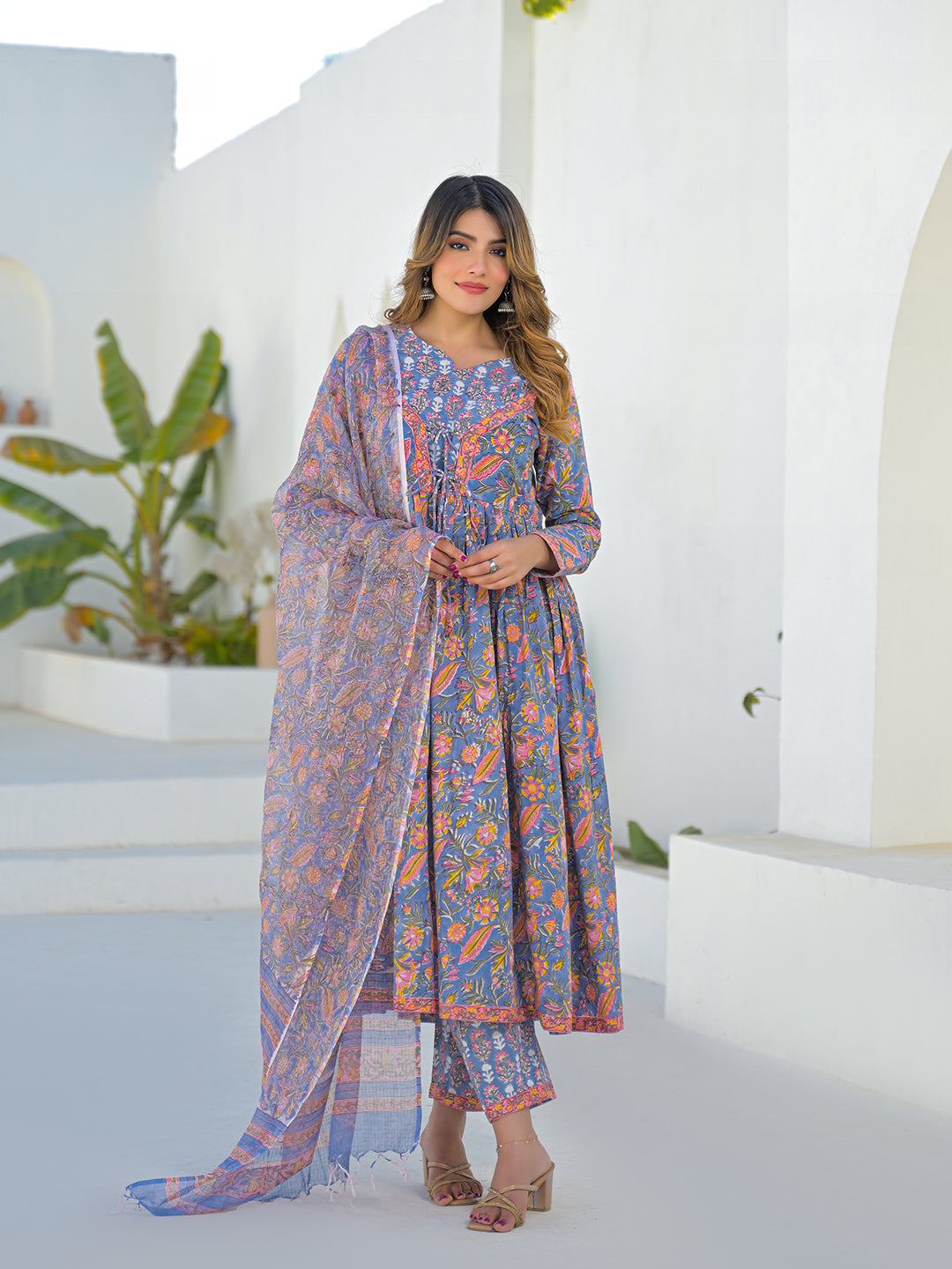Sky Blue Hand Block Cotton Anarkali Kurta Pant Set With Dupatta
