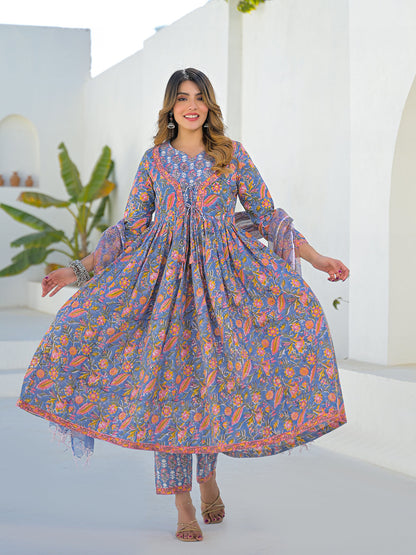 Sky Blue Hand Block Cotton Anarkali Kurta Pant Set With Dupatta