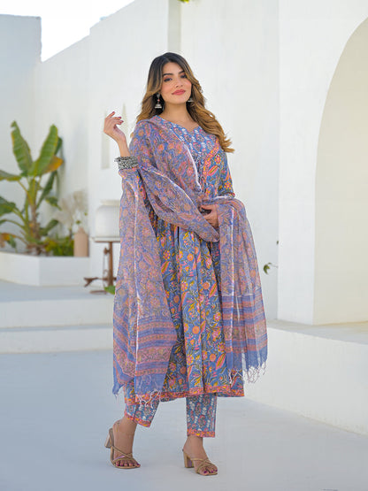 Sky Blue Hand Block Cotton Anarkali Kurta Pant Set With Dupatta