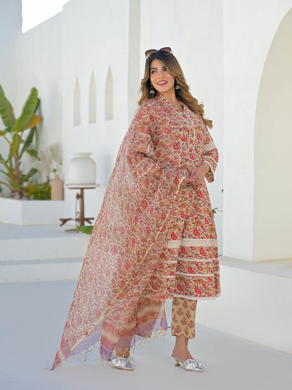 Beige Hand Block Cotton A-Line Kurta Pant Set With Dupatta
