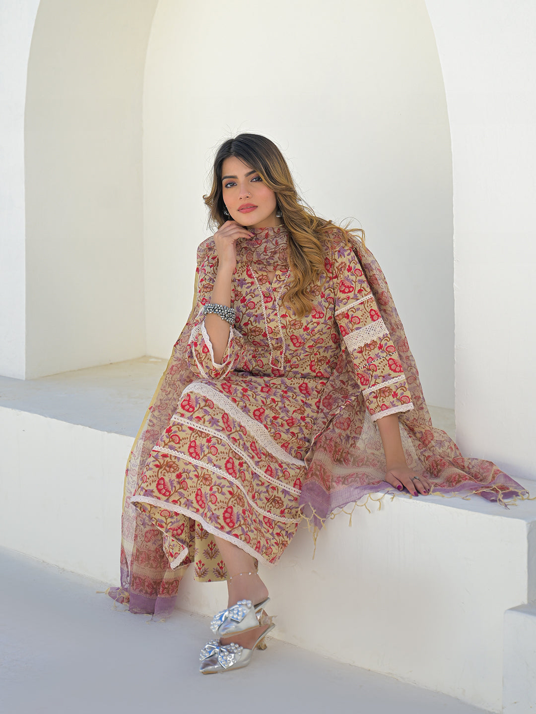 Beige Hand Block Cotton A-Line Kurta Pant Set With Dupatta