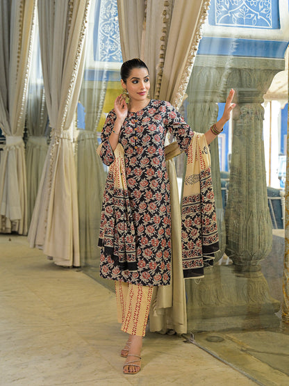 Black Hand Block Cotton Straight Kurta Pant With Dupatta