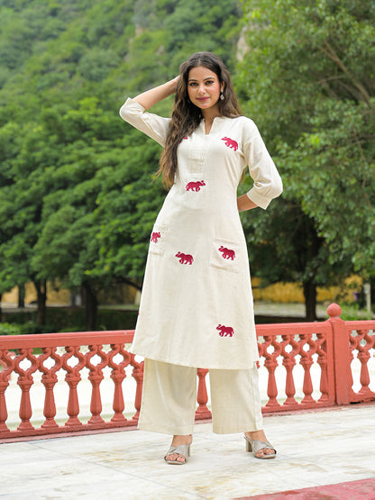Off White Embroidered Cotton A-line Kurta Pant Sets